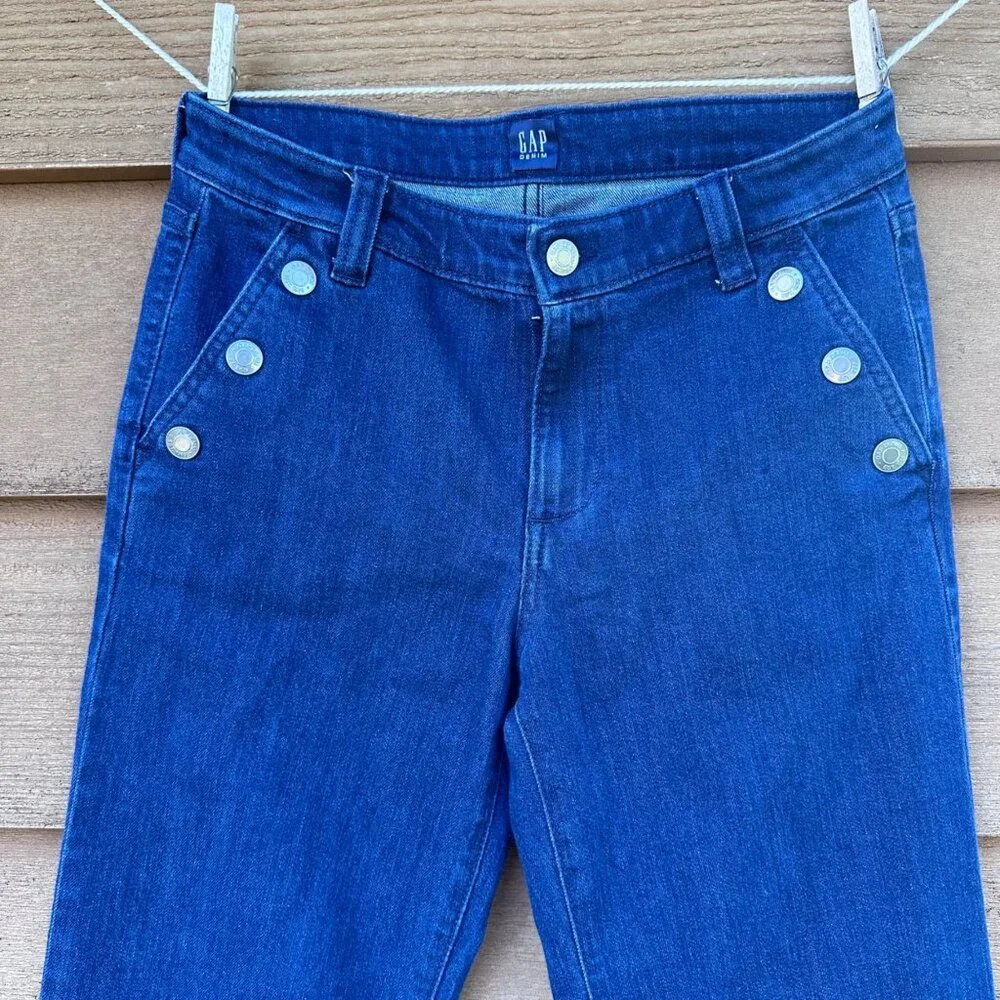 GAP Womens Wide-Leg Dark Indigo Denim Pants Size 27 High-Rise Button Detail Cott - Picture 5 of 13